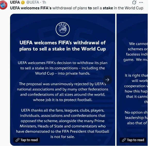 UEFA welcomes FIFA’s crucial decision to scrap stake sale proposal